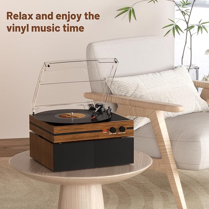 Vinyl Record Player with Dual Stereo Bookshelf Speakers Vintage Belt Drive Bluetooth Turntable with External Speakers,Convert Vinyl to MP3,LP Players AUX Headphone Input RCA Out,Brown