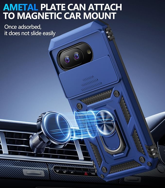 Taisairu for Google Pixel 9A Case with Screen Protector & Slide Camera Lens Cover,Built-in 360°Rotate Magnetic Ring Stand Shockproof Protective Phone Case for Google Pixel 9A Case (Blue)