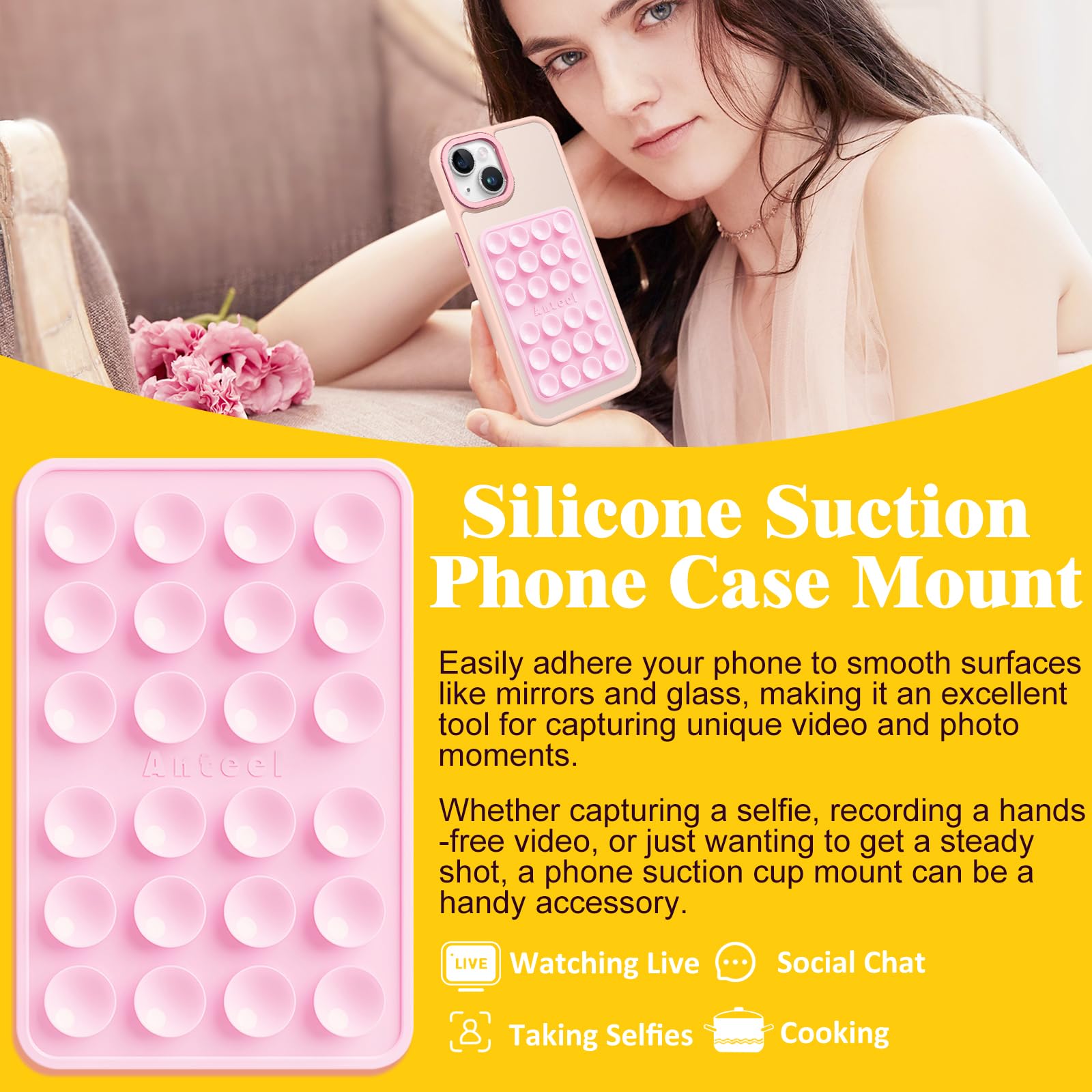 PKYAA Silicone Suction Phone Case Adhesive Mount, Upgraded Super Strong Grip, Durable, Easy to Use, Hands-Free Sticky Phone Holder for Selfies, Tiktok Videos, 2.56"x3.94" (Translucent)