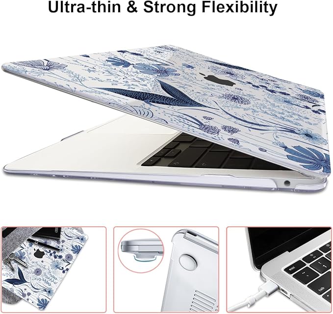 for MacBook Pro 13 Inch Case 2022 2021 2020 Release A2338 M2 M1 A2251 A2289, Plastic Hard Shell Case for MacBook Pro 13.3 inch with Touch Bar & Touch ID, Navy Blue Wild Flowers