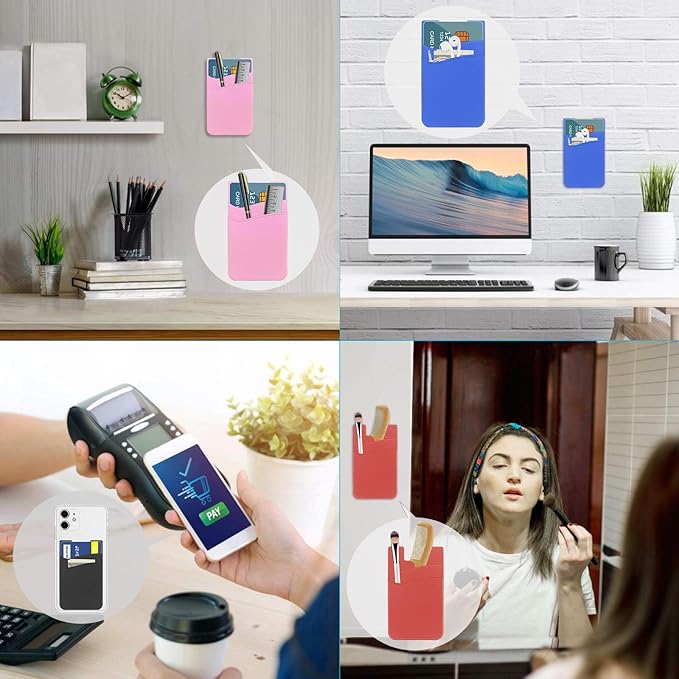 SS Card Holder for Phone Case - Silcone Stick On Credit Card Phone Wallet for Men & Women, Ultra-Thin & Portable, Compatible with iPhone/Android/Samsung Galaxy, Holds Cards & Cash, Hands-Free (6 pack)