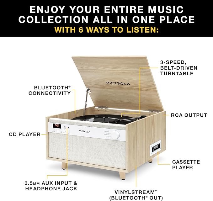 Victrola Century 6-in-1 Vinyl Record Player & Music Center – 3-Speed Turntable, CD & Cassette Player, VINYLSTREAM, Bluetooth & 3.5mm Aux, Record Player with Speakers, Mid Century Design (Black)