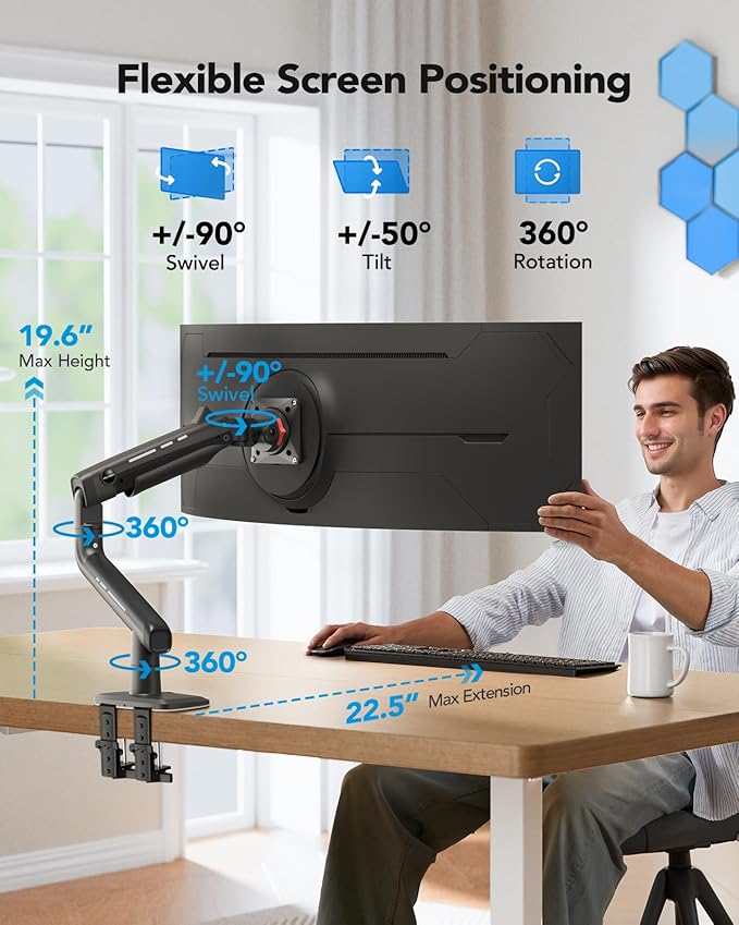 HUANUO Heavy Duty Monitor Arm for Ultrawide Screens up to 49", Holds 40 lbs,Aluminum Ultrawide Screen Desk Mount,Fully Adjustable Single Monitor Mount with C-clamp, Grommet Base, Max VESA 100x100