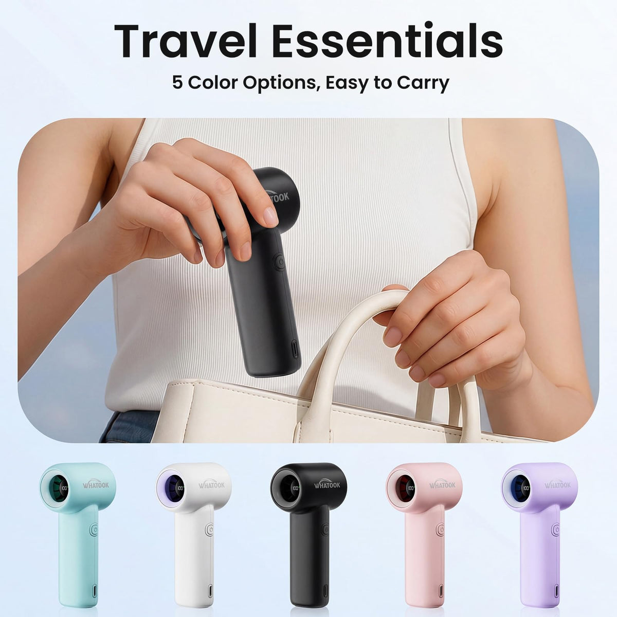 WHATOOK Portable Handheld Fan, High Speed Turbo Mini Fan with 5 Speeds, 3000mAh USB-C Rechargeable Personal Fan, LED Digital Display, Small Pocket Fan for Travel, Camping, Concerts, Makeup