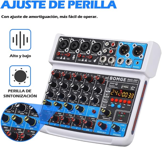 BOMGE 6 Channel mini DJ Audio sound mixer console with USB interface, Bluetooth, Stereo Recording, 48V Phantom Power, 24 DSP effects for karaoke, singing, live，streaming，pc recroding. (white)