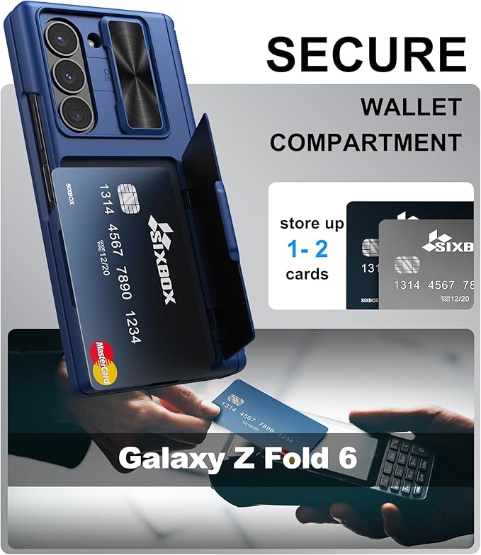 for Samsung Galaxy Z Fold 6 Case with Card Holder & Belt Clip & Slide Camera Cover, Built-in Hinge Protection & Screen Protector, Rugged Wallet Phone Cover Case for Z Fold 6 5G 2024, Blue