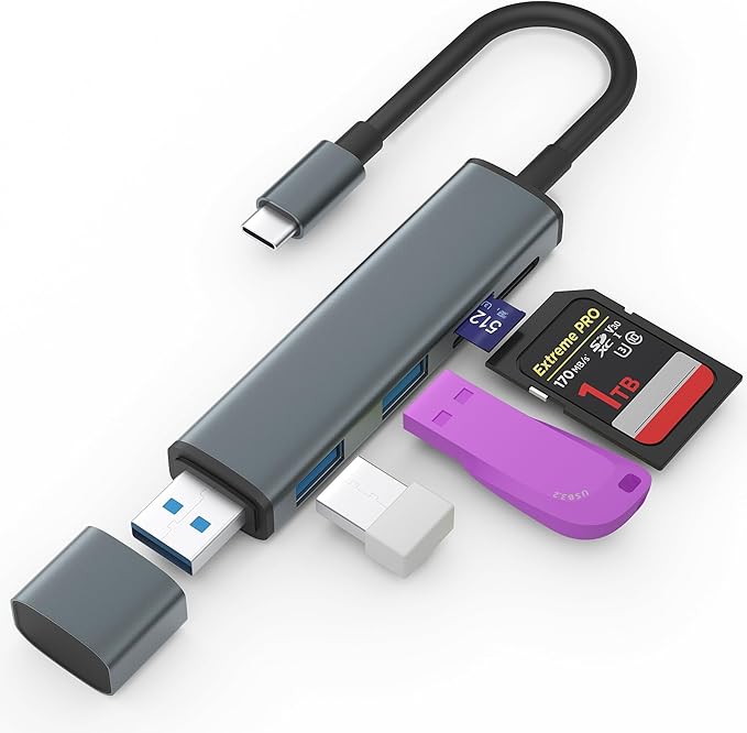 USB 3.0 SD Card Reader with Dual USB Ports, USB C SD Card Reader for iPhone 15/iPad/Mac 4 Ports Read and Write Simultaneously Memory Card Adapter for MacBook Pro/Air iMac Android S23 S22