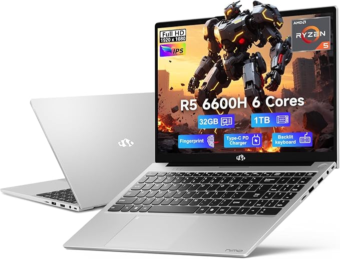 NIMO 15.6" IPS FHD-Gaming-Laptop, AMD Ryzen 5 6600H 6-Cores 660M GPU 32GB DDR5 RAM 1TB SSD(Beat i7-1165G7, Up to 4.5GHz) Computer with 100W GaN Type C Fingerprint Backlit Keyboard Win 11