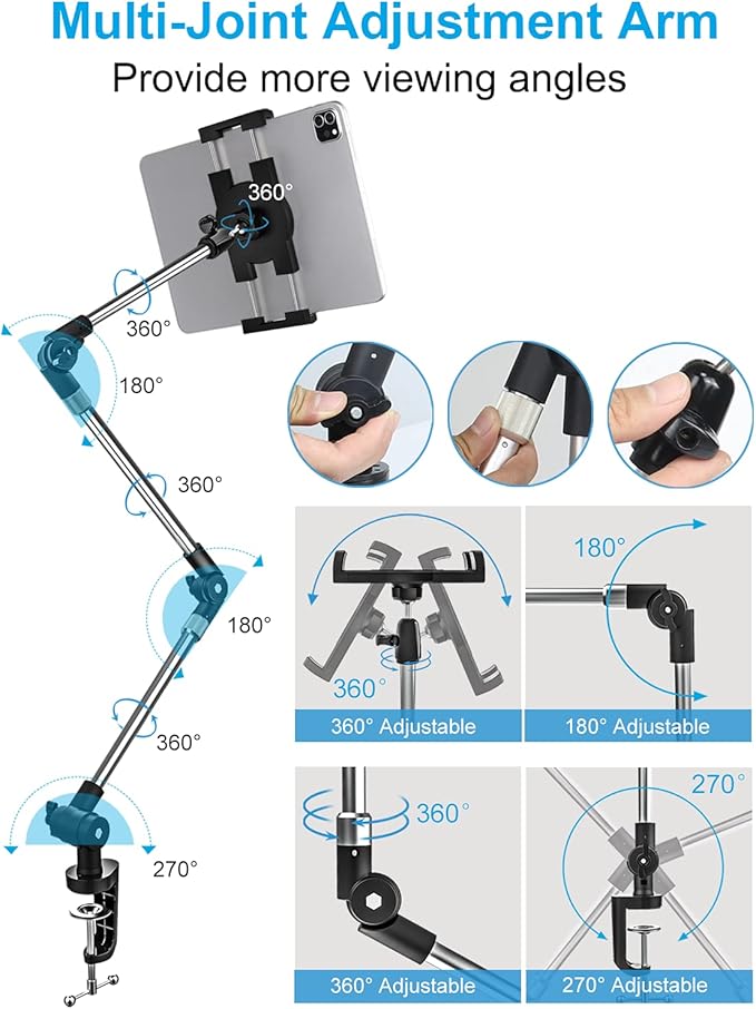 Tablet Holder for Desk Clamp 360° Phone iPad Mount, 35" Adjustable Arm Tablet Stand for Bed, Aluminum Flexible Webcam Camera Clip for iPad Pro 12.9 Air Mini, Tabs, Switch, iphone, 4.7-13" Device/Gopro