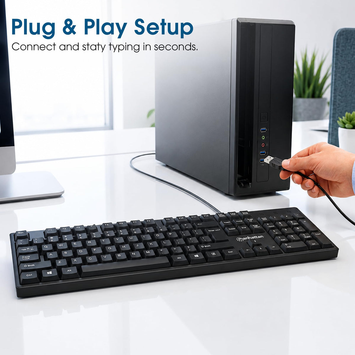 Manhattan Wired Computer Keyboard – Basic Black Keyboard - with 4.5ft USB-A Cable, 104-keys, Foldable Stands - Compatible for Windows, PC, Laptop - 3 Yr Mfg Warranty – 179324