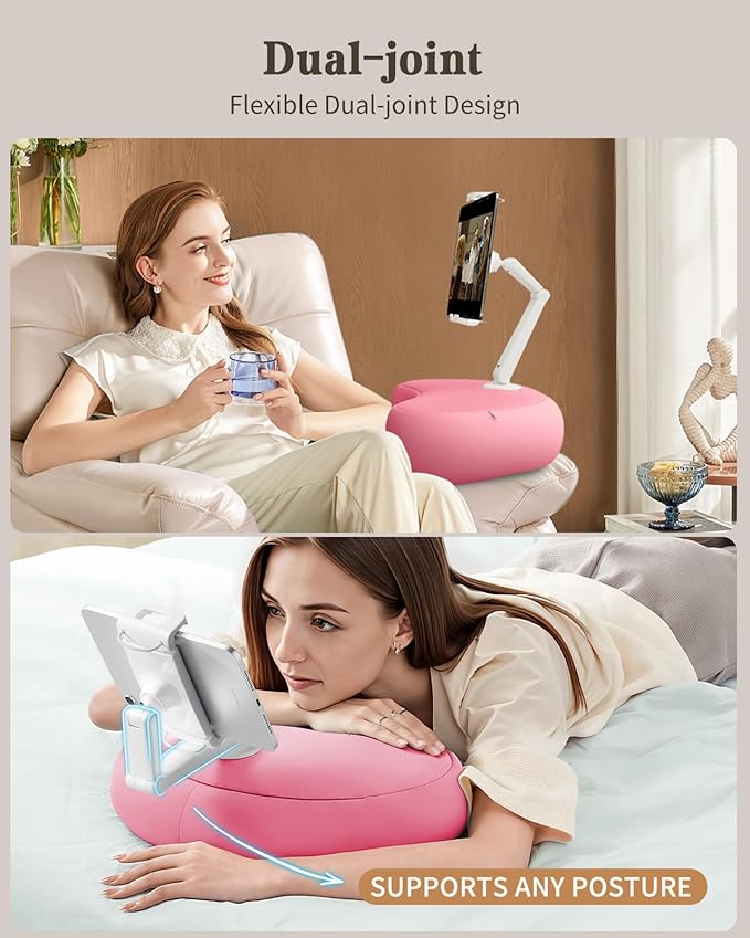 SAIJI Kindle Pillow Stand, iPad Stand Compatible with 4.7”-15.6” Kindle, Phone, iPad, 360° Adjustable Tablet Holder for Bed with Flexible Dual Axis Arm and Microbead Cushion (Pink)