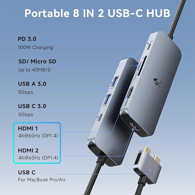 Docking Station for MacBook Pro Air, LIONWEI USB C Docking Station Dual Monitor, Dual HDMI Adapter Hub for Mac MacBook Pro with 2 HDMI, 3 USB 3.0, SD TF Card Reader and 100W PD USB C Charging Port