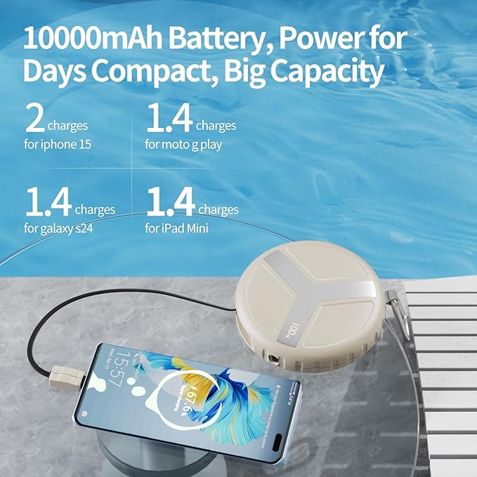 Vivilumens Power Bank Portable Charger 10,000mAh Retractable 25.5 in Built-in Cable Fast Charging Battery Pack USB-C for iPhones Galaxy Laptop with Flashlight&Carabiner for Camping Backpacking Travel