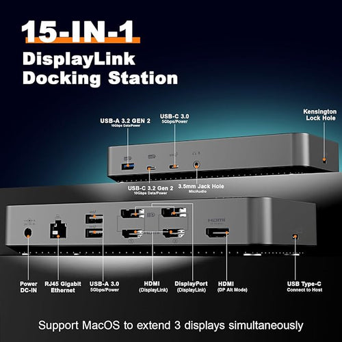 AUIMCE MacBook Docking Station 3 Monitors, Displaylink Laptop Docking Stations with 130W Power Supply,15 in 1 USB C Triple 4K Display Dock for MacBook Pro/Air and USB-C/A Port Computer (3 HDMI, 2 DP)