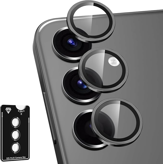 for Samsung Galaxy S25 Plus Camera Lens Protector, Individual Metal Ring Tempered Glass Lens Cover, [Strong Adsorption] Scratch Resistant Ultra-Thin HD Clear Lens Cover, 1 Set-Black