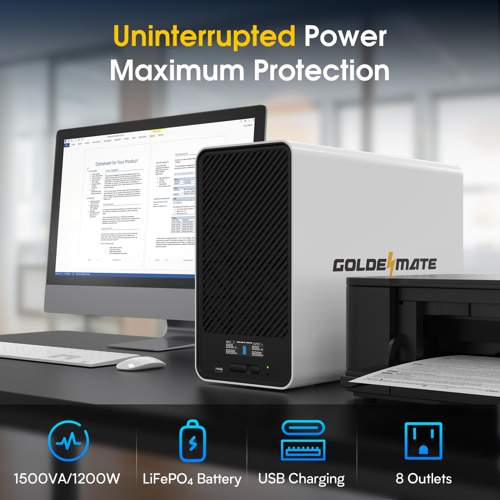 GOLDENMATE 1500VA/1200W Lithium UPS Battery Backup & Surge Protector, White