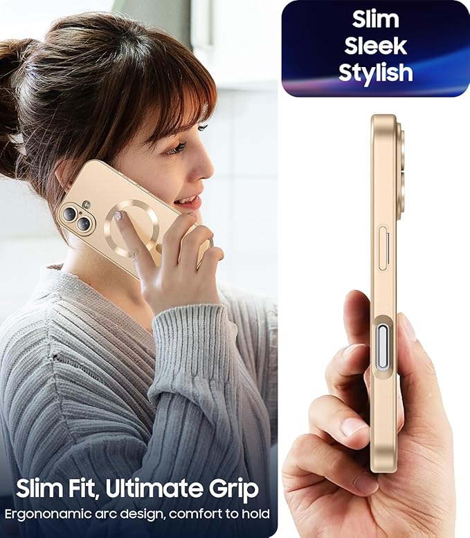 Magnetic for iPhone 16 Plus Case [Compatible with MagSafe][Built-in Camera Lens Protector] Slim Soft Silicone Bumper Shockproof Metallic Luster Phone Case (Gold)