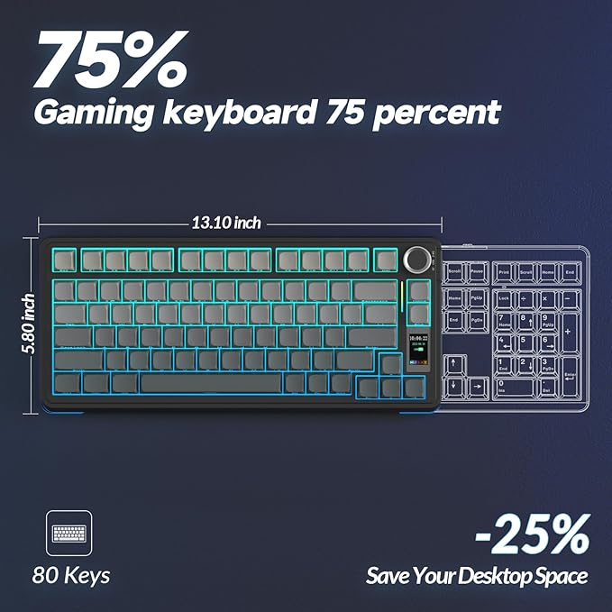 AULA S75 PRO Wireless Gaming Keyboard with Screen & Knob, Tri-Mode Hot Swappable Mechanical Keyboard 75%, Pre-lubed Switches, RGB Backlit, Side Printed PBT Keycaps, Creamy Sounding Computer Keyboards