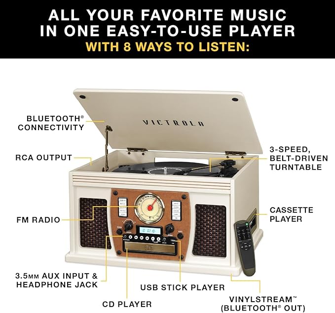 Victrola Navigator 8-in-1 Bluetooth Record Player with Built-in Speakers – 3 Speed Turntable, CD Player, Cassette, FM Radio, USB, RCA Out, Headphone Jack, Wireless Music Streaming, Real Wood (White)