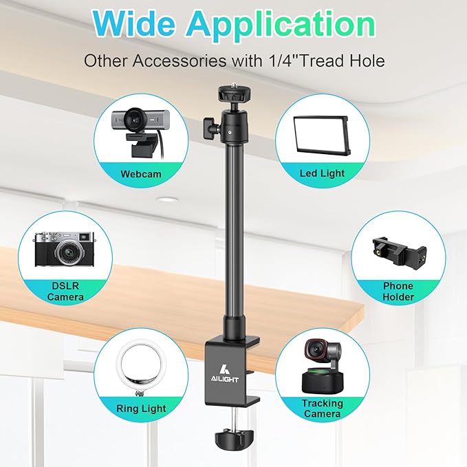ailight Webcam Stand for Desk, Adjustable Camera Desk Stand Webcam Mount for Obsbot GoPro Anker insta Logitech Webcam C922 C930e C920S C920 C615 C960 C920x with 1/4" Thread