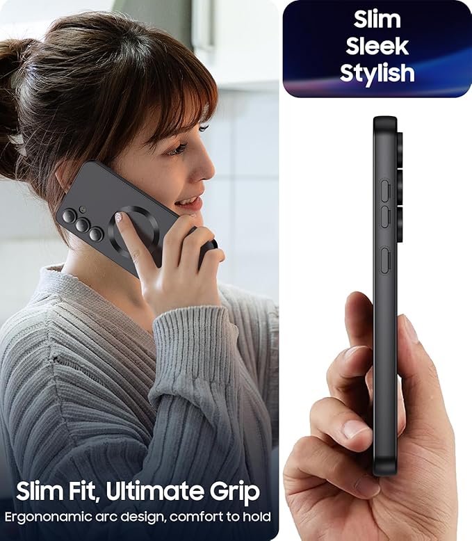 Magnetic for Samsung Galaxy S24 Plus Case [Compatible with MagSafe][Built-in Camera Lens Protector] Slim Soft Silicone Bumper Shockproof Metallic Luster Phone Case (Black)