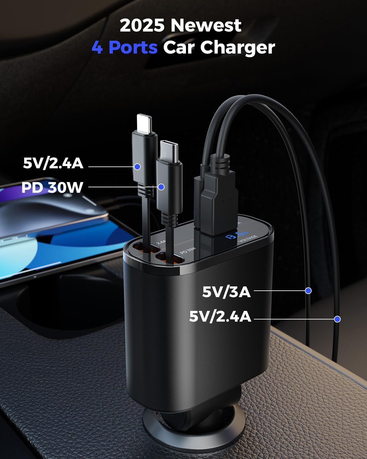 SUPERONE Retractable Car Charger, 4-in-1 Fast Phone Charger Adapter