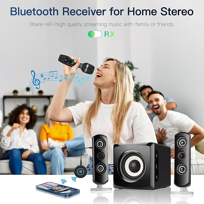 Bluetooth 5.3 Transmitter for TV/Airplane, 2-in-1 Bluetooth Transmitter Receiver for Home Stereo/Speakers/Headphones/PC/Car, Wireless Adapter w/3.5mm AUX/RCA Jack, Dual Link, Low Latency,16H