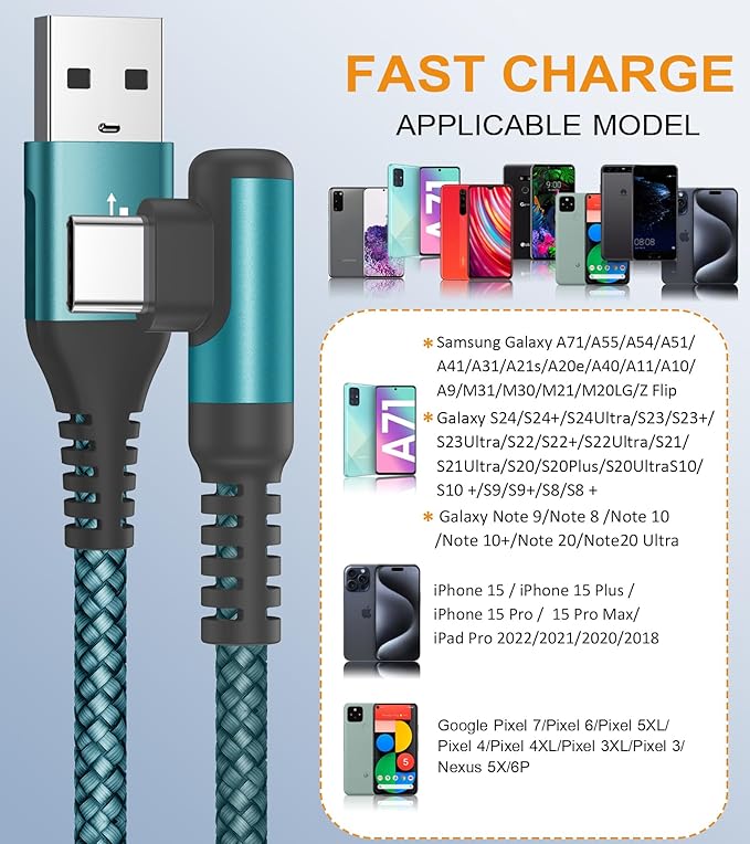 sweguard USB Type C Charger Cable Right Angle [2-Pack,10FT] iPhone 16 Charger Nylon Braided Cord for iPhone 15 16 Pro Max Samsung Galaxy S25 S24 S23 S22 S21 S20 S10 S9 Note A15 A55 Flip Pixel LG Moto