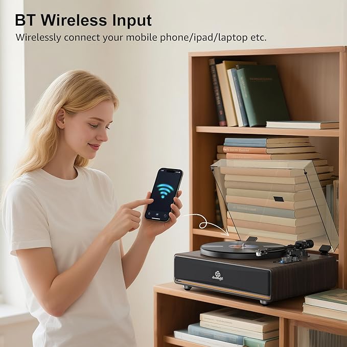 Vinyl Record Player Built in HiFi Stereo Speakers BT Wireless Input Belt Drive Iron Platter Turntables for Vinyls Records with MM Audio AT-3600L Cartridge Soft Warm Light Design Wooden Cream Brown