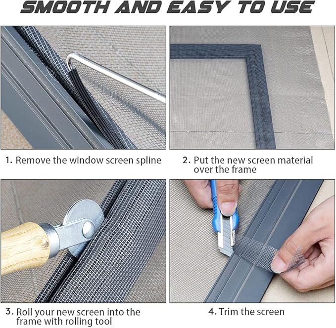 Screen Repair Kit Easy DIY Project 59" x 106" Fiberglass Screen Mesh with Rolling Tool and Screen Retainer Spline Screen Replacement kit for Windows Sliding Doors and Patio Screens (59" x 106", Gray)