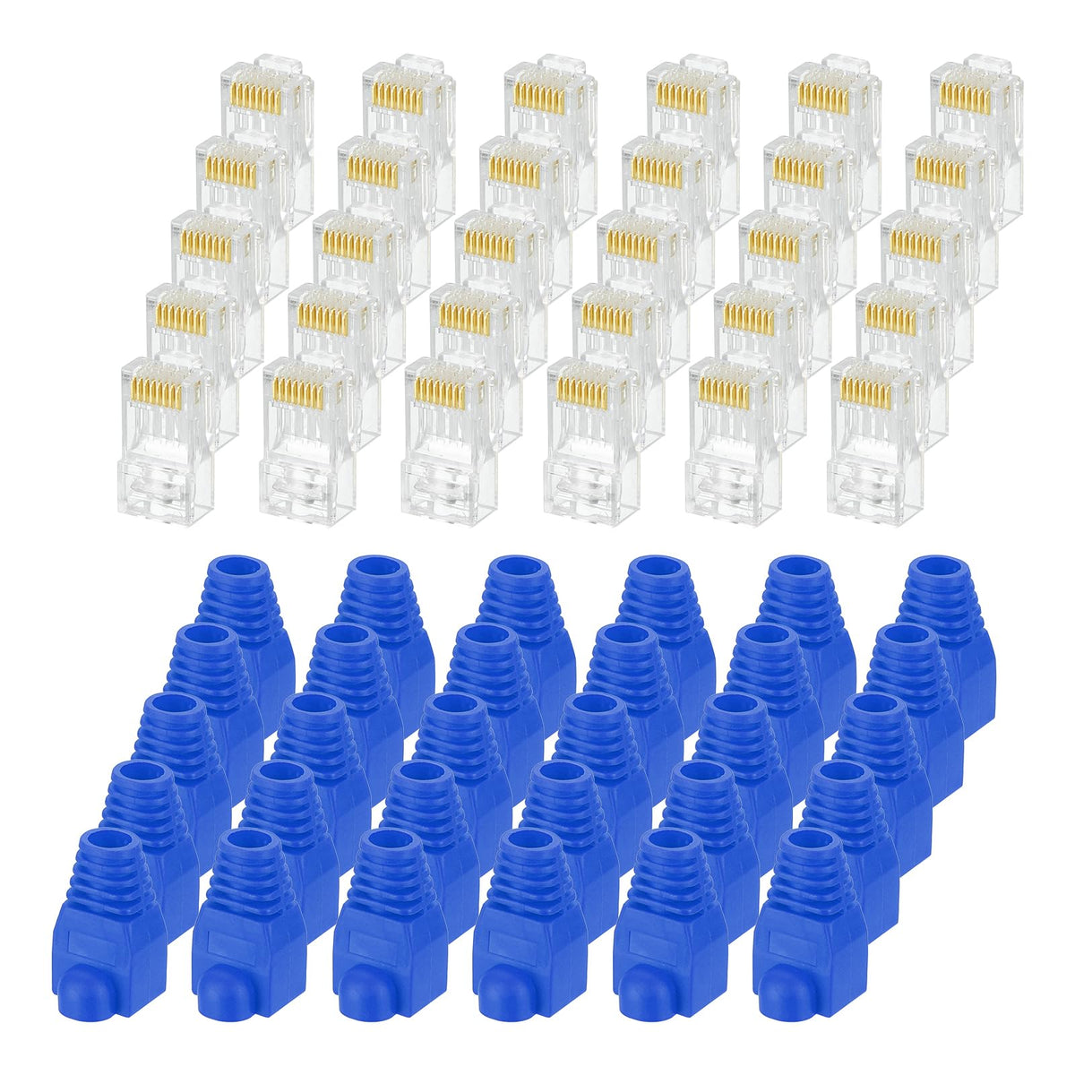 MECCANIXITY 30pcs Cat6 RJ45 Pass Through Connectors, RJ45 Connector 8P8C Gold Plated Plugs with 30pcs White Strain Relief Boots for Solid or Stranded UTP Ethernet Cable, 1.1mm