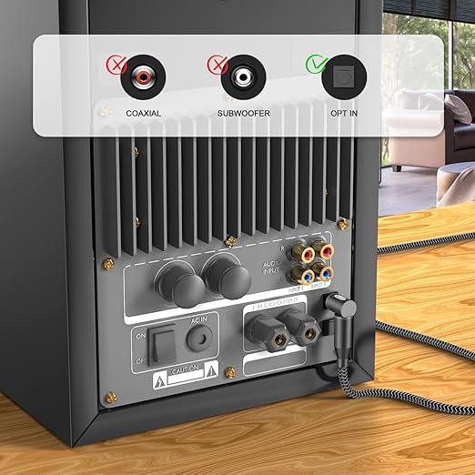 EMK 90 Degree Right Angle Optical Audio Cable [14ft/4.6M] - 360° Rotatable Digital Toslink SPDIF Cable for Soundbar to TV, Home Theater - Black Fiber Optic Cable with Angled Connector