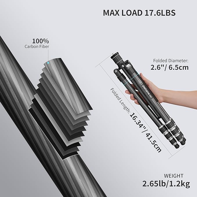 Jishane Carbon Fiber Camera Tripod, 62" Professional Video Tripod for Camera with 360° Ball Head, 1/4" Arca QR Plate, Compact Lightweight Travel Monopod for DSLR/Smartphone, Max Load 17.6 lbs/8kg