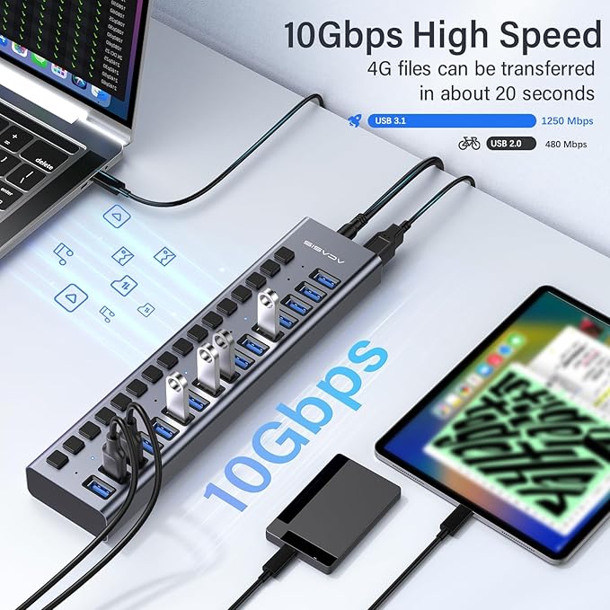 Powered USB 3.1 Hub, ACASIS 16 Ports USB 3.1 Hub with 10Gbps Data Speed，Aluminum Housing, USB Hub Powered with 96W Power Adapter, USB Hub for PC/Laptop, Computer, Flash Drive, Printer, Camera