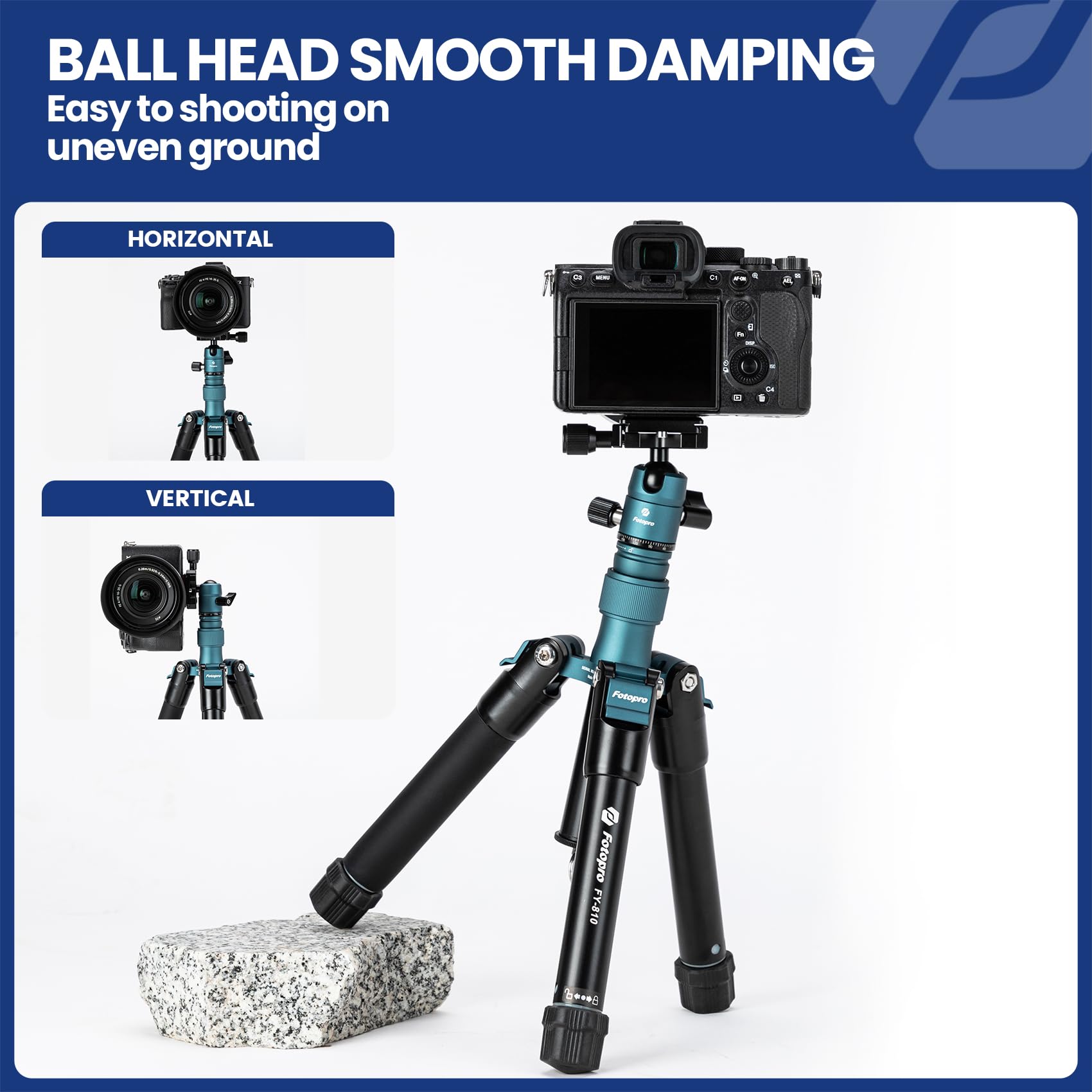 Fotopro Mini Tripod with Ball Head Phone Mount Detachable Selfie Stick Folded only 8.6" Max Load up to 6.6 lbs FY-810 Blue