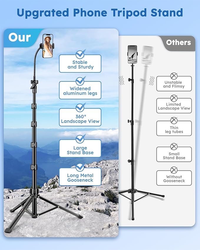 86" Tripod for iPhone, Stable & Tall Phone Tripod with Remote and Flexible Gooseneck for Video Recording/Watching/Cooking/Fitness/Vlogging