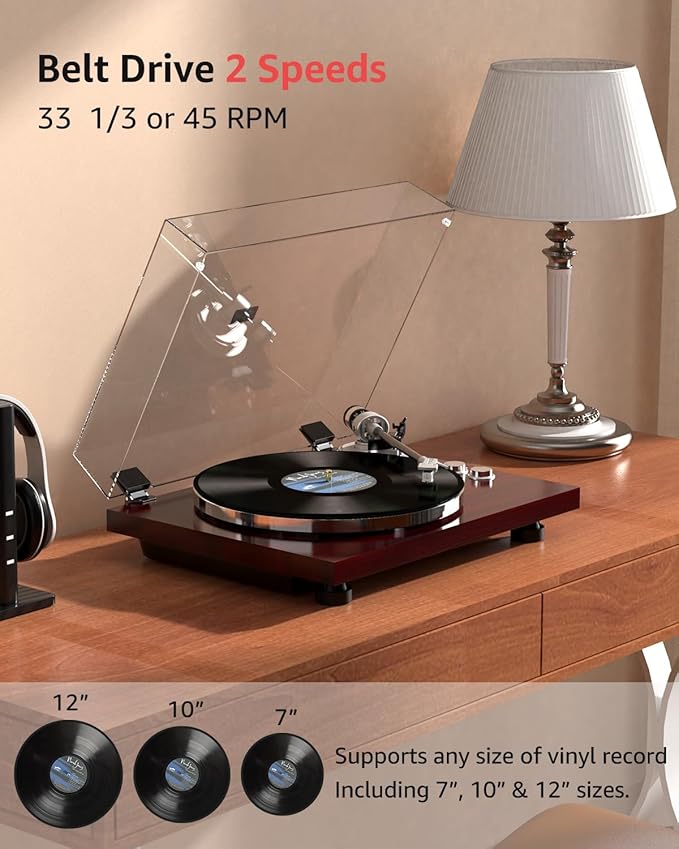 Turntable Record Player Wireless Output Carbon Fiber Tonearm Vinyl Player Aluminium Platter Belt-Drive LP Turn Tables 33 1/3&45 RPM Audio Phono RCA Line Out AT-3600L MM Cartridge Pale Walnut Red