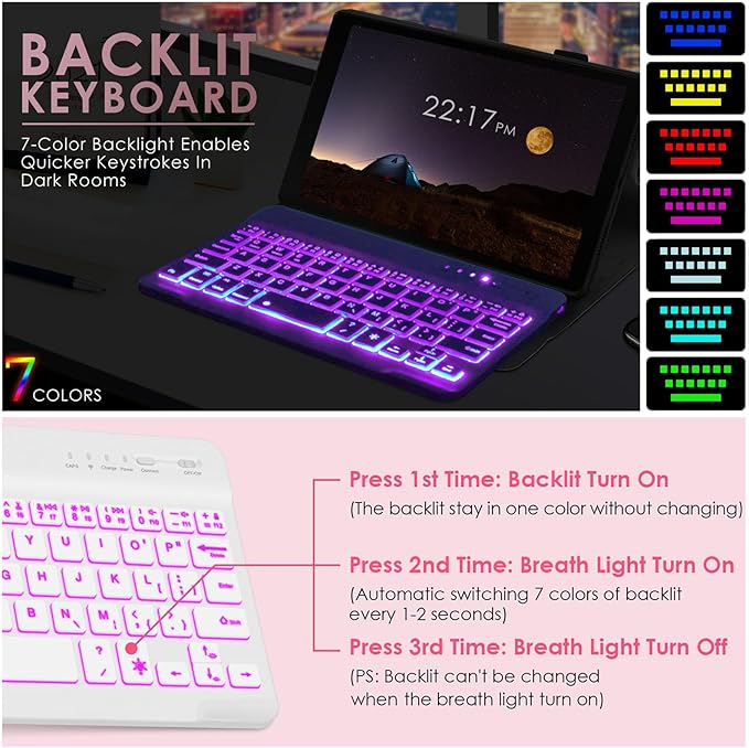 DETUOSI Backlit Keyboard Case for Samsung Galaxy Tab A7 Lite 8.7" 2021 (SM-T220/T227U) with S Pen Holder, 3 Viewing Angles Folio Leather Book Cover with Magnetic Closure + Wireless Keyboard Detachable