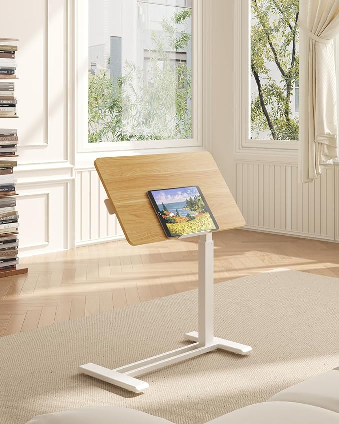 FLEXISPOT H7 PRO Mobile Standing Desk Adjustable Overbed Table Pneumatic with Wheels 90°Tiltable Portable Laptop Desk Rolling Computer Cart Foldable Bedside Table(31.5" W x 17.7" D D, Maple)