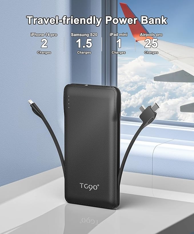 TG90° 2 Pack Slim Portable Charger with Built in Cables,10000mAh Power Bank Travel Charger Cell Phone External Battery Pack,4 Output Portable Bank Compatible with iPhone Android Phone