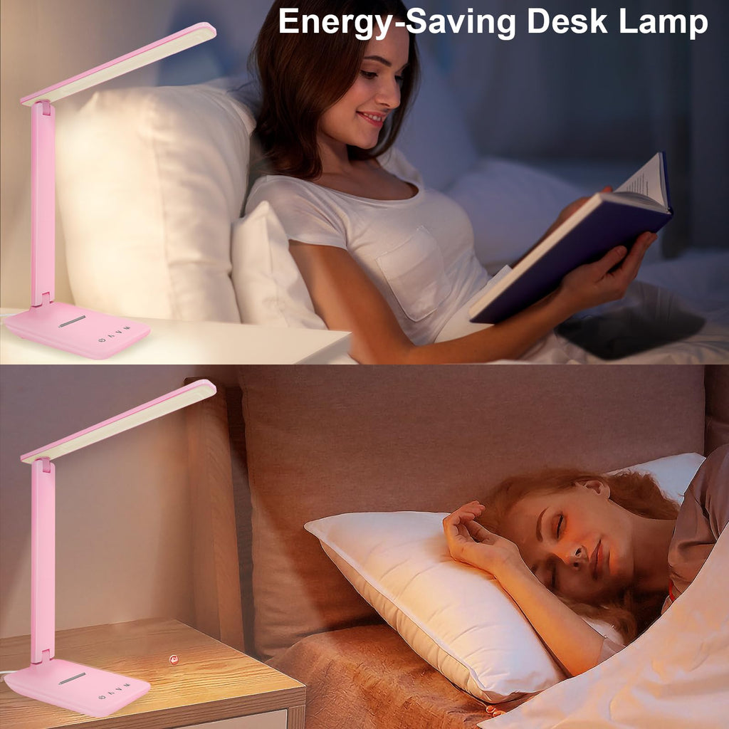 shinelife LED Desk Lamp for Office Home, Bright Desk Light with USB Charging Port, Adjustable Dimmable Desk Lamps 5 Modes 5 Brightness, Touch Study Lamp for Nail, Craft, Puzzle, Sewing, Study, Pink