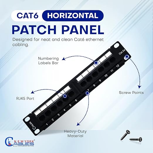 NewYork Cables 12 Port Cat6 Patch Panel – 10Gb Ethernet, 1U Horizontal Wall Mount Loaded 10-Inch Keystone, UTP, Cable Ties, – Black