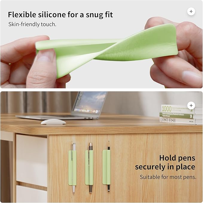 ELETIUO Pencil Holder For Most Pens,Pencils,Self-Adhesive Stick To Notebooks,Diary,Desks,Whiteboards Or Any Surface,Silicone Pen Holder For Home,Office And Desk Organization,Green