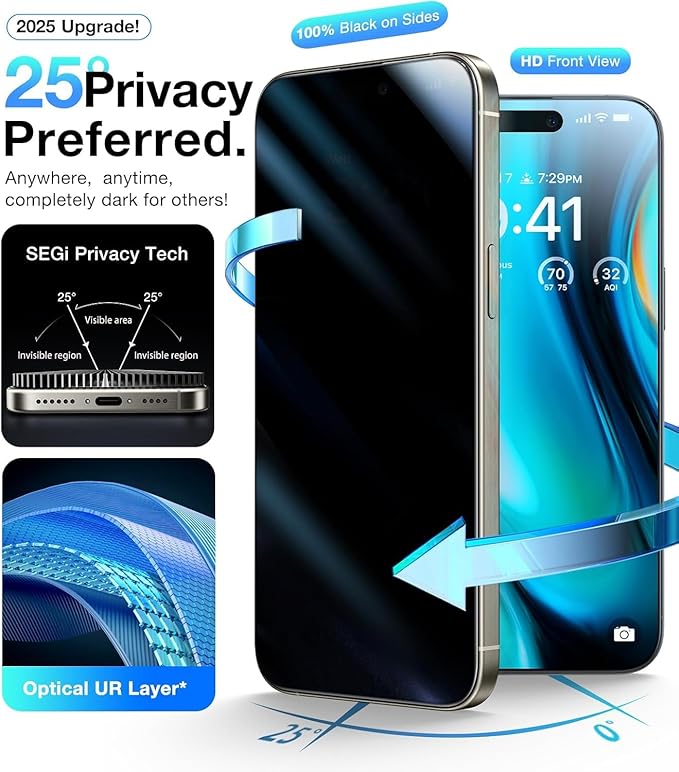 3 Pack for iPhone 16 Pro Privacy Screen Protector +2 Camera Lens 9H+Full Cover Tempered Glass Auto Alignment Kit 12FT Military Grade Shatterproof Anti Spy Longest Durable 6.3