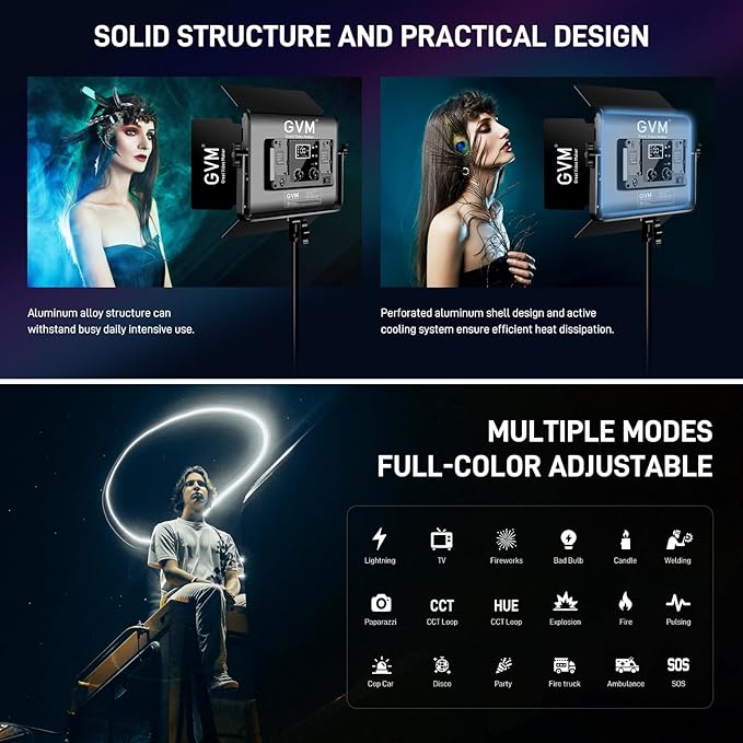 GVM Upgraded 60W RGB LED Video Light with Stand Kit, 880 Photography Lighting with Bluetooth Control, Studio Light with 18 Lighting Scenes, led Panel Lights for Video Recording, 8700lux/0.5m
