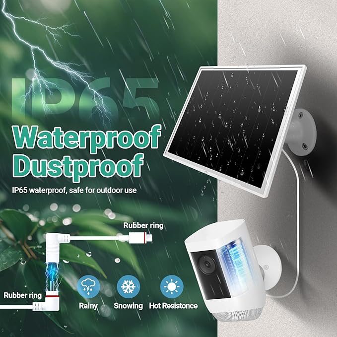Solar Panel for Ring Camera, 8W High - Efficiency Solar Charger Compatible with Stick Up Cam & Ring Spotlight Cam (Battery) - Waterproof, 16ft Long Cable, DC3.5mm & USB C Ports, White