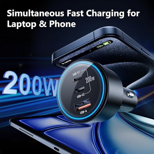 200W Super Fast Car Charger, Adapter with 2×100W USB C to C Cables,