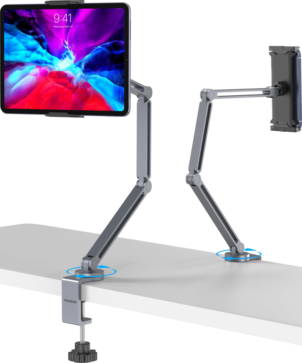 YICOSUN Tablet Stand for Desk - Heavy Duty Aluminum iPad Arm Mount with Super Grip Clamp, 360° Rotating Foldable Holder for 4.7-13" iPad, Kindle, Phone - Reading, Drawing, Video Call - Gray