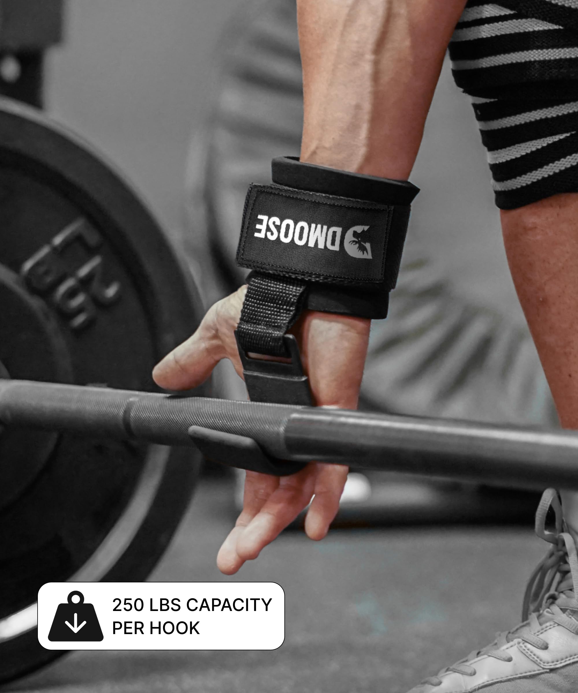 DMoose Fitness Weight Lifting Hooks (Pair) for Deadlifts, Pull Ups, Rows & Shrugs - Anti-Rip Nylon Strap Hand Grips with Thick Wrist Padding - Heavy Duty Wrist Straps for Weightlifting (Grey)