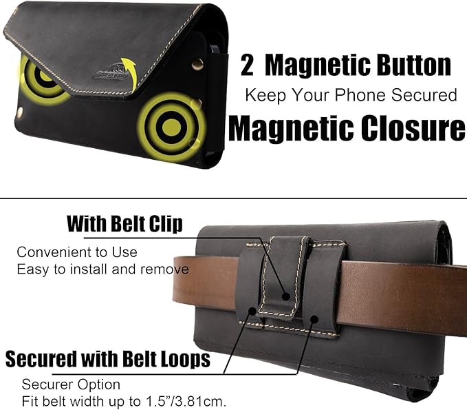 Topstache Leather Phone Holster with Belt Clip for Galaxy S23,S22,iPhone 14,14 Pro,Belt Phone Case for Universal Smartphone with Otterbox Case,Flip Cellphone Pouch,L,Black